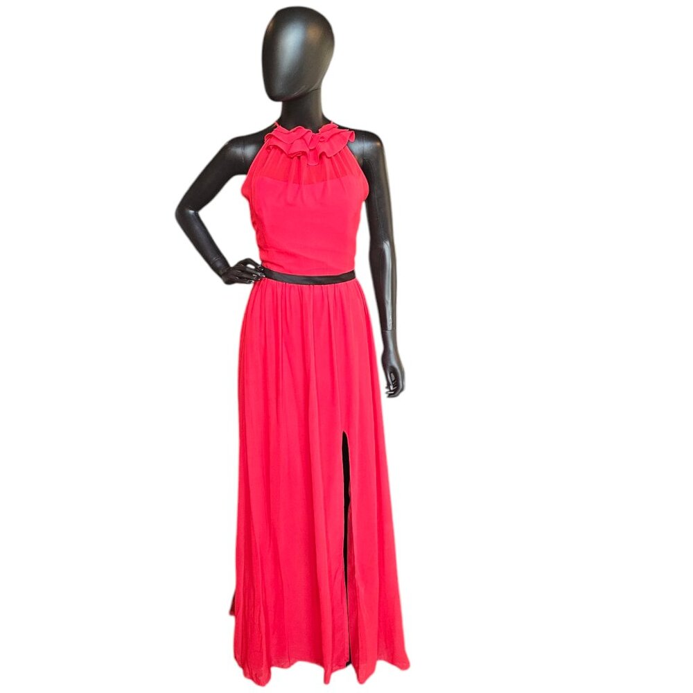 Red/Black Chiffon Gathered Halter Formal Gown With Train - Alfred Angelo